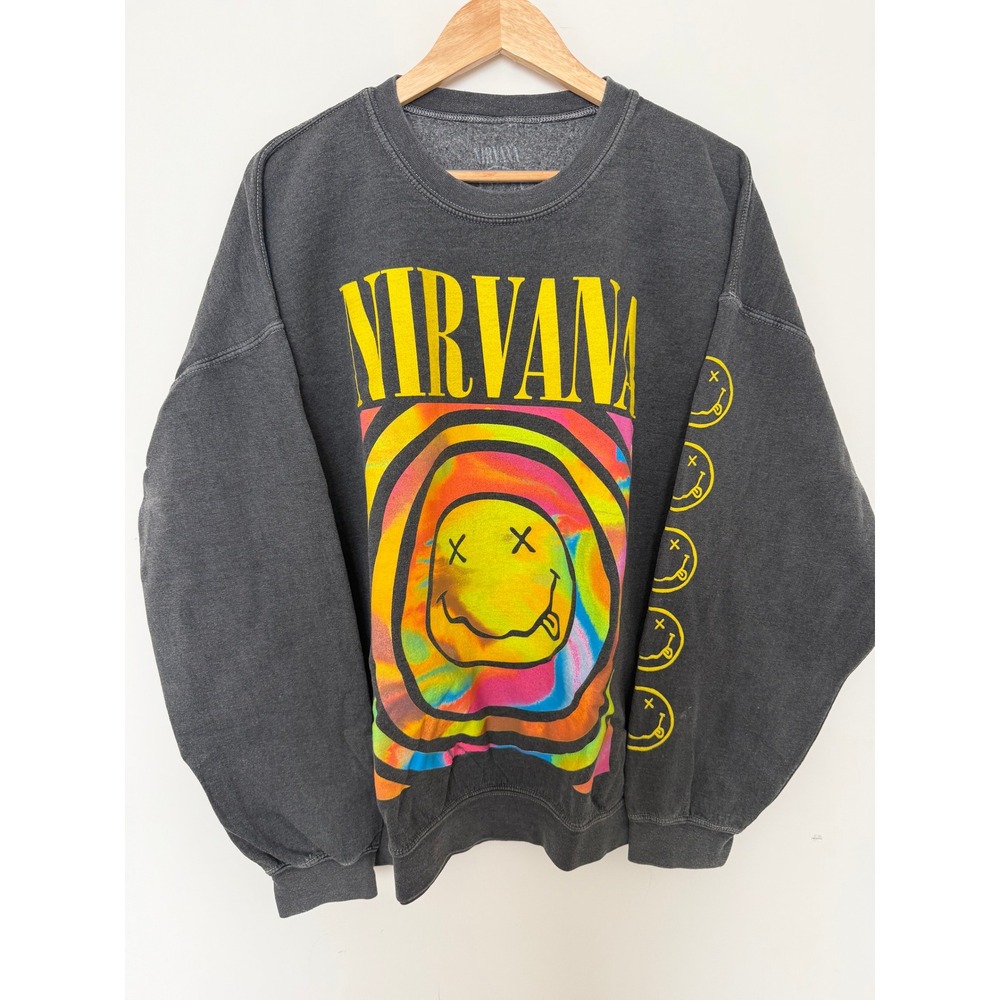 Nirvana Sweatshirt Unisex S/M Smiley Tie Dye Graphic Charcoal Grey Excellent